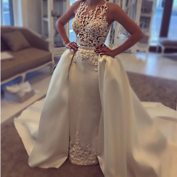 elegant satin mermaid wedding dresses with detachable overskirt beads lace applique backless bridal dress graceful sweep train wedding dress, White
elegant satin mermaid wedding dresses with detachable overskirt beads lace applique backless bridal dress graceful sweep train wedding dress, White