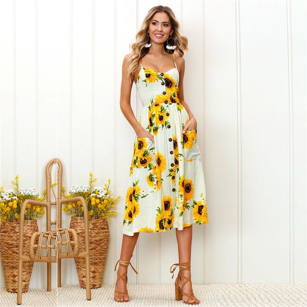 

women summer dress 2018 brand boho new apricot sleeveless v-neck sun florals print loose party clubwear formal mid calf dress, White;black