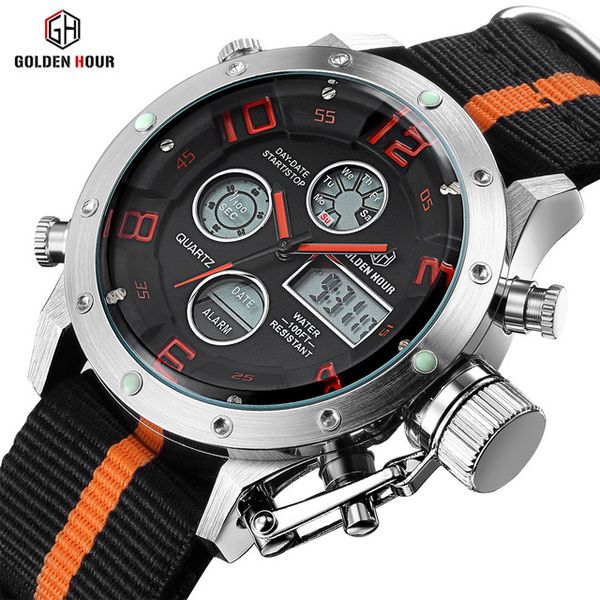 goldenhour fashion sport men digital quartz watches canvas nato strap dual time alarm led waterproof wristwatch top, Slivery;brown
goldenhour fashion sport men digital quartz watches canvas nato strap dual time alarm led waterproof wristwatch top, Slivery;brown