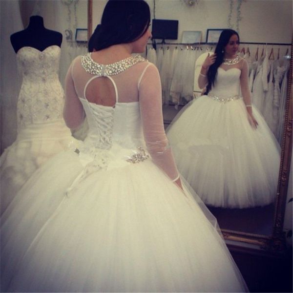 high neck wedding dresses ball gown transparent long sleeve crystals beaded tulle floor length bridal gowns custom size, White
high neck wedding dresses ball gown transparent long sleeve crystals beaded tulle floor length bridal gowns custom size, White