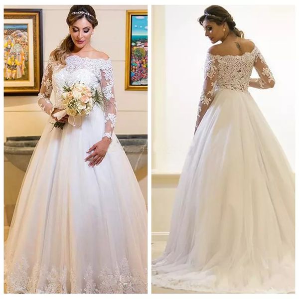 custom long sleeves lace wedding dresses 2018 with appiques beaded court train a line wedding bridal gowns, White
custom long sleeves lace wedding dresses 2018 with appiques beaded court train a line wedding bridal gowns, White
