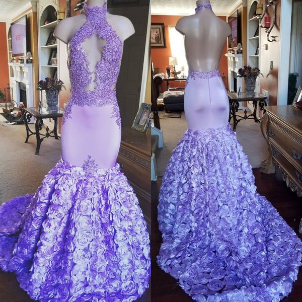 2018 lavender flowers evening dress halter backless mermaid long prom gowns beads lace appliques sweep train robe de soiree prom dress, Black
2018 lavender flowers evening dress halter backless mermaid long prom gowns beads lace appliques sweep train robe de soiree prom dress, Black
