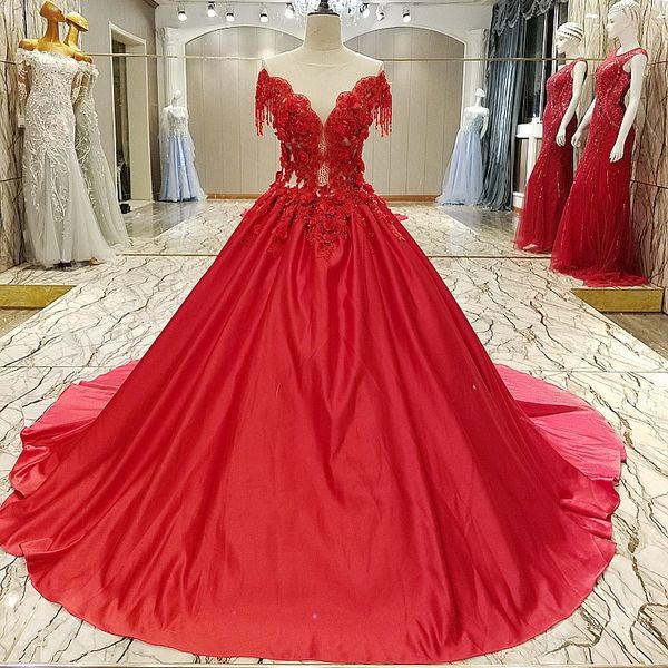 2019 вечерние платья o-образным вырезом с коротким рукавом красный атлас бисером 3d цветы молния назад бальное платье длинные опухшие вечерн, Black;red