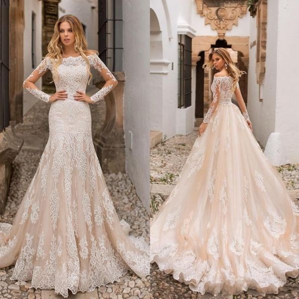 2019 overskirts mermaid wedding dresses champagne detachable train long sleeves off shoulder middle east full lace plus size bridal gowns, White
2019 overskirts mermaid wedding dresses champagne detachable train long sleeves off shoulder middle east full lace plus size bridal gowns, White