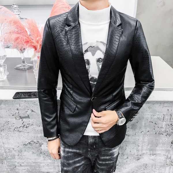 one button pu leather jacket business casual prom blazers for men korean suit coat solid black slim fit blazer hombre s-3xl, White;black
one button pu leather jacket business casual prom blazers for men korean suit coat solid black slim fit blazer hombre s-3xl, White;black