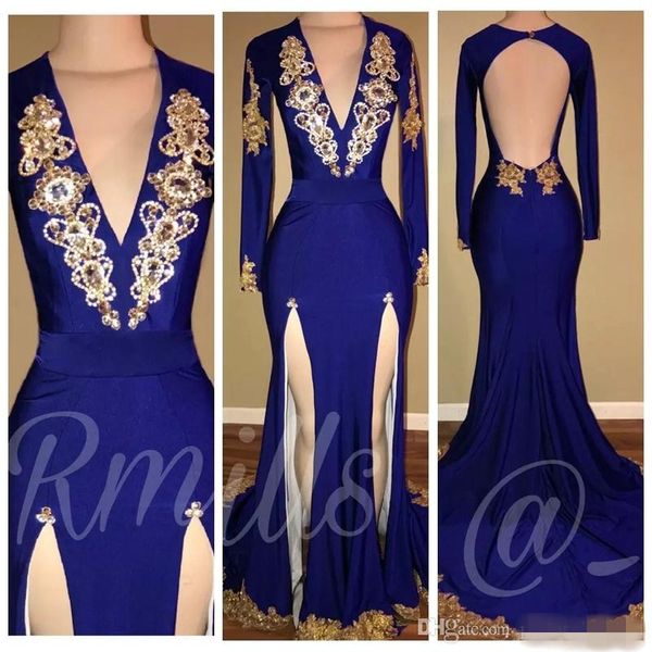 2018 new deep v neck mermaid prom dresses with gold appliques crystal beaded long sleeves lace split sides vestidos de soiree, Black
2018 new deep v neck mermaid prom dresses with gold appliques crystal beaded long sleeves lace split sides vestidos de soiree, Black