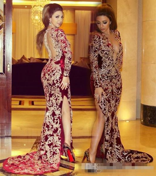 2018 myriam fares front split evening dresses mermaid plunging v neck lace applique long sleeves arabic formal celebrity party gowns, Black;red
2018 myriam fares front split evening dresses mermaid plunging v neck lace applique long sleeves arabic formal celebrity party gowns, Black;red
