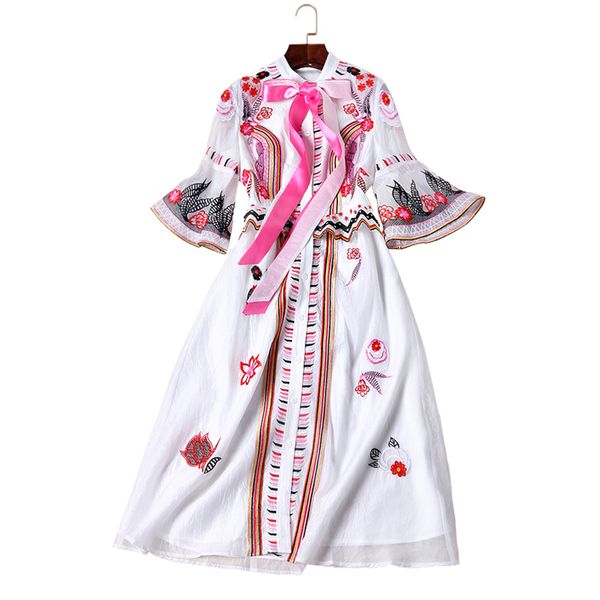 

2018 designer new spring summer european high-end women's runway folk style embroidery slim waist flare sleeve fashion dress, White;black