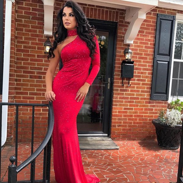 crystals beaded mermaid vestidos de fiesta one shoulder evening dress long sleeves in red spandex prom dresses, Black;red
crystals beaded mermaid vestidos de fiesta one shoulder evening dress long sleeves in red spandex prom dresses, Black;red