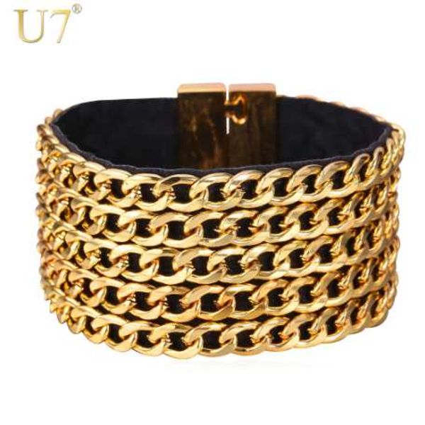 u7 hip hop big leather bracelet men jewelry trendy gold color cuban link chain mens bracelet rock style h747, Black
u7 hip hop big leather bracelet men jewelry trendy gold color cuban link chain mens bracelet rock style h747, Black