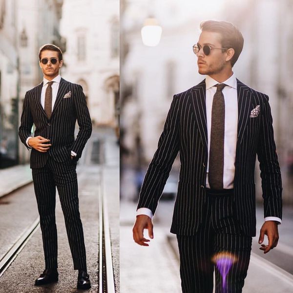 two pieces pinstripe mens suits wedding grooms tuxedos peaked lapel formal prom suit (jacket+pants), Black;gray
two pieces pinstripe mens suits wedding grooms tuxedos peaked lapel formal prom suit (jacket+pants), Black;gray
