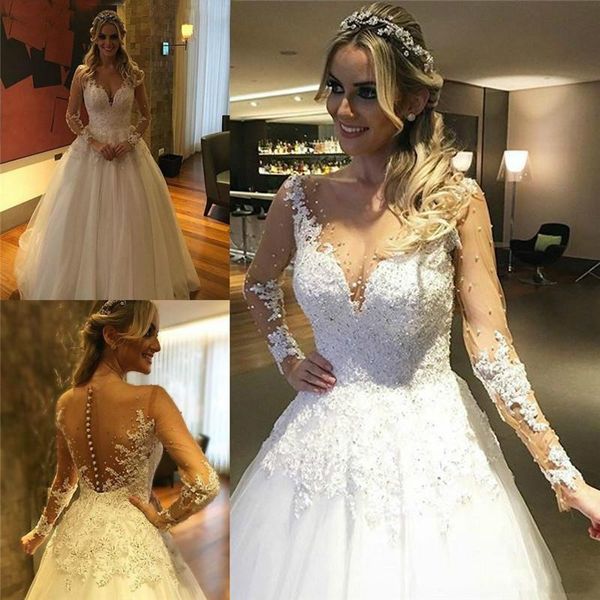 illusion long sleeve wedding dress transparent beads lace tulle a line floor length bridal gowns custom made, White
illusion long sleeve wedding dress transparent beads lace tulle a line floor length bridal gowns custom made, White