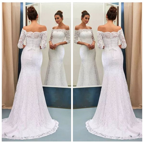 2019 bateau neck half sleeves lace mermaid slim wedding dresses button and lace-up custom sweep train bridal gowns vestidos de mariee, White
2019 bateau neck half sleeves lace mermaid slim wedding dresses button and lace-up custom sweep train bridal gowns vestidos de mariee, White