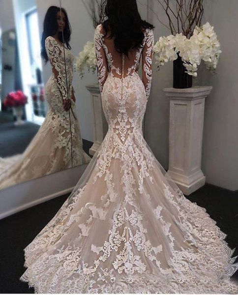 New Illusion Long Sleeves Lace Mermaid Wedding Dresses Tulle Applique Court Wedding Bridal Gowns With Buttons
New Illusion Long Sleeves Lace Mermaid Wedding Dresses Tulle Applique Court Wedding Bridal Gowns With Buttons