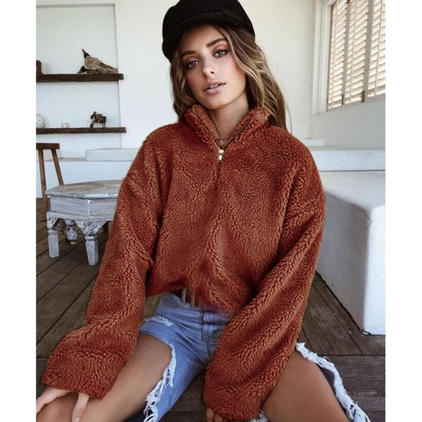 2018 autumn winter stand collar zipper chic women pullover loose casual plush sweater long sleeve thick warm faux fur top, Black
2018 autumn winter stand collar zipper chic women pullover loose casual plush sweater long sleeve thick warm faux fur top, Black
