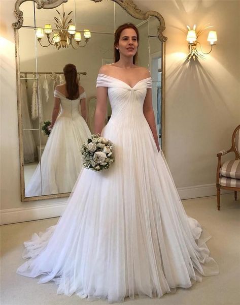 graceful white a line wedding dresses off the shoulder backless pleat tulle long bridal gown sweep train puffy skirt robes de soirée
graceful white a line wedding dresses off the shoulder backless pleat tulle long bridal gown sweep train puffy skirt robes de soirée