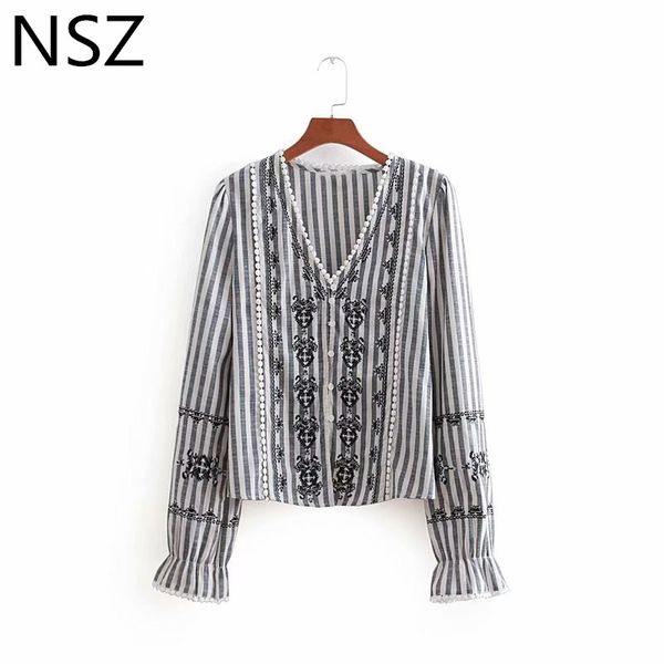 nsz women cotton shirt striped blouse embroidery long sleeve autumn ladies top, White
nsz women cotton shirt striped blouse embroidery long sleeve autumn ladies top, White