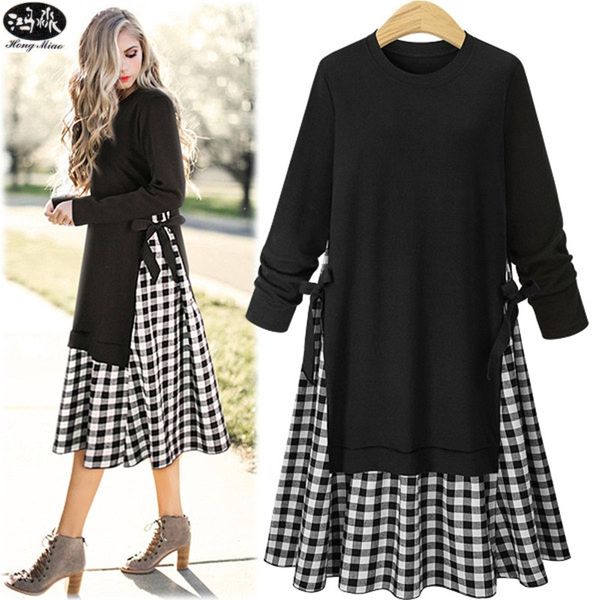 hongmiao 2018 spring new large size ladies plaid stitching round neck long sleeve irregular section dress wl59, White;black
hongmiao 2018 spring new large size ladies plaid stitching round neck long sleeve irregular section dress wl59, White;black