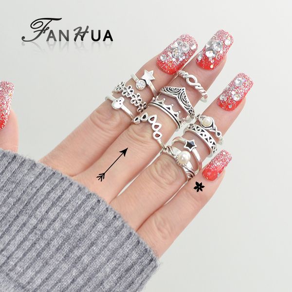 

fanhua 11pcs/set antique silver color with enamel simulated-pearl flower water drop star skull knuckle punk bohemia midi rings, Golden;silver