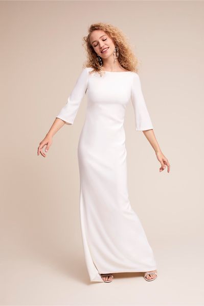 2019 new simple crepe mermaid boho modest wedding dresses with 3/4 sleeves v back short train informal bohemian modest wedding gowns, White
2019 new simple crepe mermaid boho modest wedding dresses with 3/4 sleeves v back short train informal bohemian modest wedding gowns, White