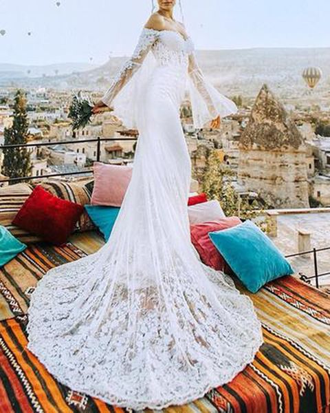 generous off shoulder backless lace mermaid wedding dresses flare sleeve appliques beads long wedding dress vestidos de noiva, White
generous off shoulder backless lace mermaid wedding dresses flare sleeve appliques beads long wedding dress vestidos de noiva, White