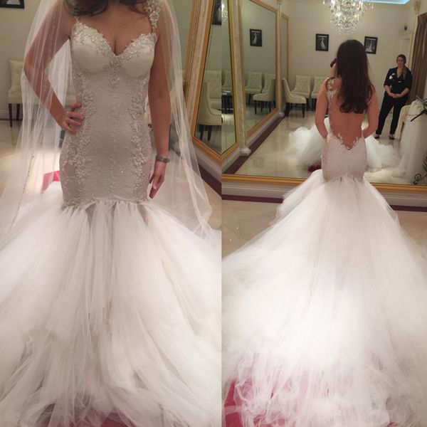 sheer backless trumpet style wedding dress beaded french lace metallic lace appliques edged asymmetric nets hemline mermaid bridal dress, White
sheer backless trumpet style wedding dress beaded french lace metallic lace appliques edged asymmetric nets hemline mermaid bridal dress, White