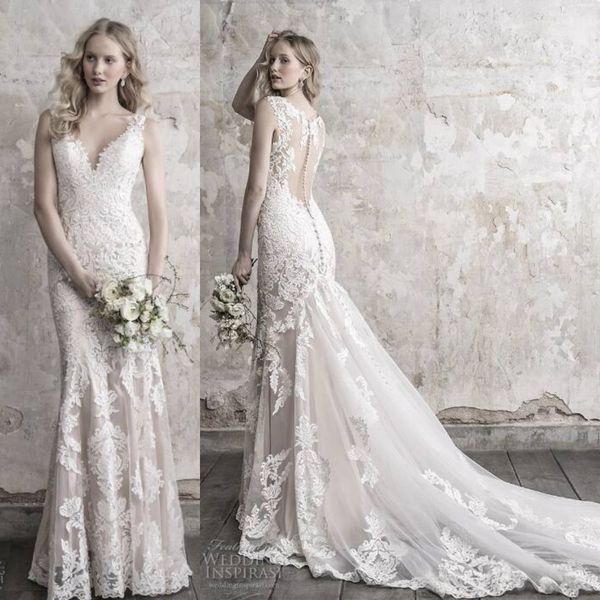 charming illusion mermaid wedding dresses custom made ivory v neck lace applique sheer covered button sweep train bridal gowns, White
charming illusion mermaid wedding dresses custom made ivory v neck lace applique sheer covered button sweep train bridal gowns, White