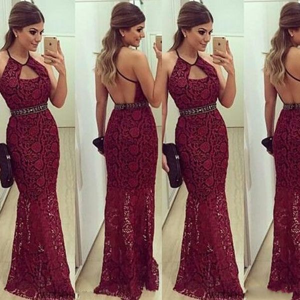 floor length sheath spaghetti straps halter cut out burgundy lace evening prom dress vestidos madrinha de casamento, Black;red
floor length sheath spaghetti straps halter cut out burgundy lace evening prom dress vestidos madrinha de casamento, Black;red