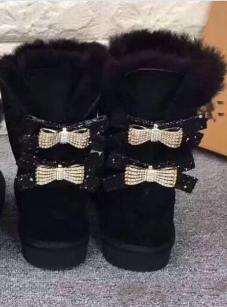 

australia classic wgg single double diamond snow boots female winter leather bow rhinestone crown warm thick cotton shoes, Black