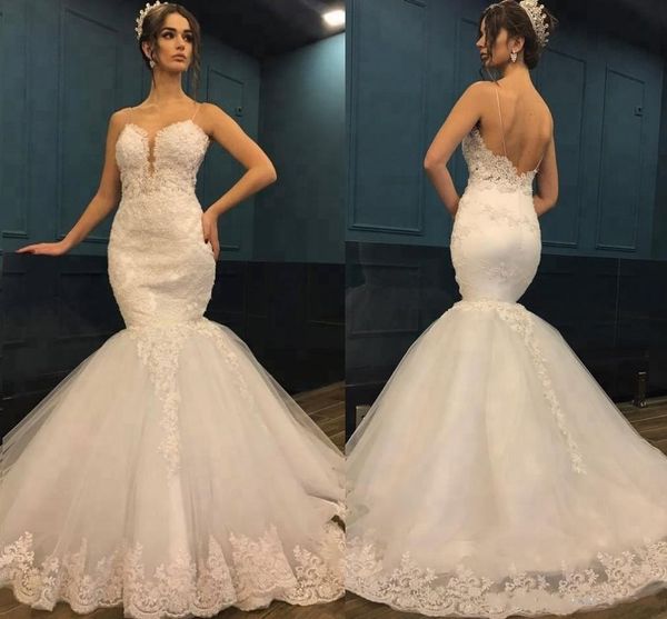 2019 gorgeous lace mermaid wedding dresses spaghetti straps appliques tulle backless saudi arabia bridal dresses, White
2019 gorgeous lace mermaid wedding dresses spaghetti straps appliques tulle backless saudi arabia bridal dresses, White
