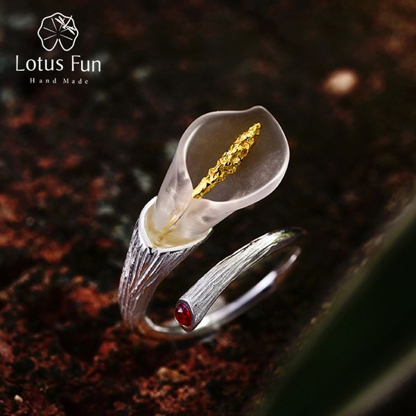 

lotus fun real 925 sterling silver natural handmade designer fine jewelry calla lily flower ring adjustable rings women bijoux, Golden;silver