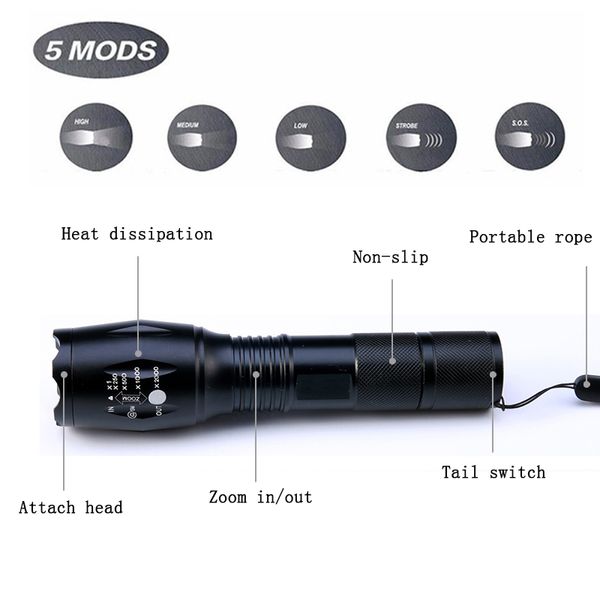 8000 Lumens Flashlight 5 -mode Cree Xm -l T6 Led Flashlight Zoomable Focus Torch By 1 *18650 Battery Or 3 * Battery Gift