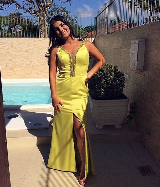 yellow satin straight long prom dresses sweetheart tank formal dresses beaded sequins front slit dress for graduation, Black
yellow satin straight long prom dresses sweetheart tank formal dresses beaded sequins front slit dress for graduation, Black