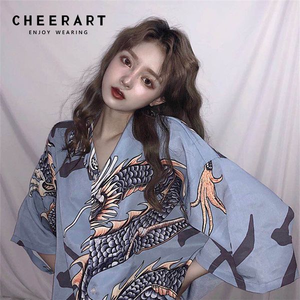 cheerart harajuku japanese long kimono blouse women summer v neck blue loose dragon print shirt 2018, White
cheerart harajuku japanese long kimono blouse women summer v neck blue loose dragon print shirt 2018, White