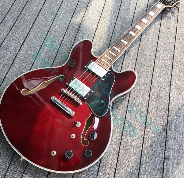 

custom shop wine red 335 semi hollow flame maple jazz electric guitar chrome hardware, white mop block inlay, grover tuners