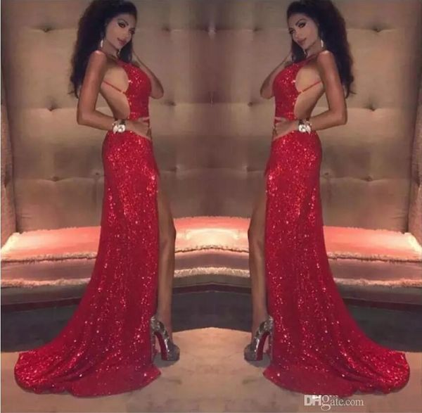 red sequins prom dresses long 2020 mermaid thigh-high slits spaghetti straps backless custom made celebrity evening gowns, Black
red sequins prom dresses long 2020 mermaid thigh-high slits spaghetti straps backless custom made celebrity evening gowns, Black