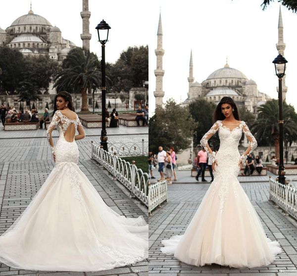 2018 new vintage jewel neck sheer long sleeves mermaid wedding dresses tulle open back bridal gowns country garden wedding gowns ba9391, White
2018 new vintage jewel neck sheer long sleeves mermaid wedding dresses tulle open back bridal gowns country garden wedding gowns ba9391, White