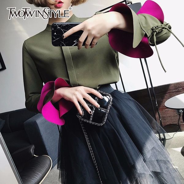 twotwinstyle lace up blouse female chiffon stand collar flare sleeve patchwork shirts large size spring womens fashion new, White
twotwinstyle lace up blouse female chiffon stand collar flare sleeve patchwork shirts large size spring womens fashion new, White
