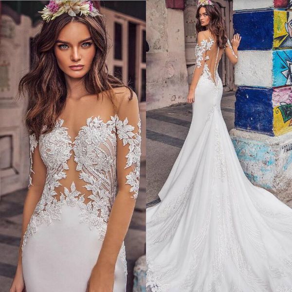 2019 fashion mermaid wedding dress sheer neck long sleeves lace appliqued bridal gowns buttons back beach wedding dresses, White
2019 fashion mermaid wedding dress sheer neck long sleeves lace appliqued bridal gowns buttons back beach wedding dresses, White
