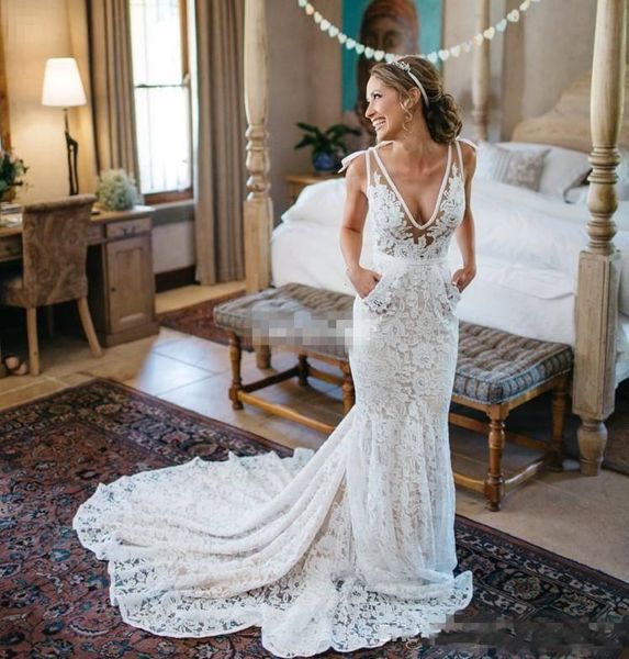 glamorous deep v neck mermaid wedding dresses full lace sleeveless open back long garden bridal gown, White
glamorous deep v neck mermaid wedding dresses full lace sleeveless open back long garden bridal gown, White