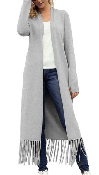 womens winter long sleeve open front duster fringe cardigan, White;black