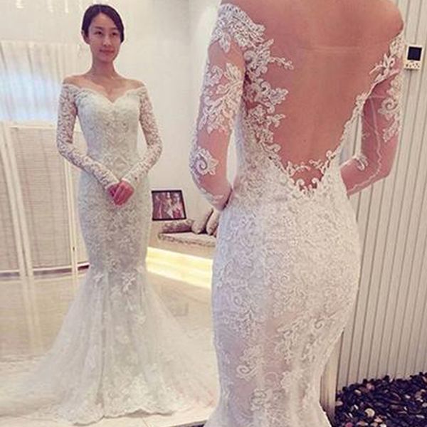 2019 stunning long sleeve mermaid wedding dresses off the shoulder lace appliques vintage sheer back trumpet bridal gowns sweep train, White
2019 stunning long sleeve mermaid wedding dresses off the shoulder lace appliques vintage sheer back trumpet bridal gowns sweep train, White