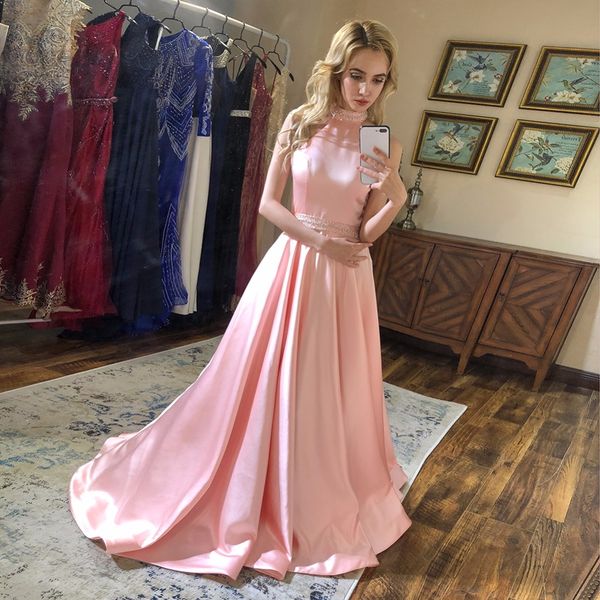 new arrival long prom dresses pink beaded high neck sleeveless satin formal evening dress party gown backless, Black
new arrival long prom dresses pink beaded high neck sleeveless satin formal evening dress party gown backless, Black