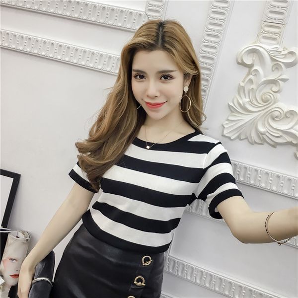 new summer t shirt women knitted casual top black and white striped slim short sleeved elastic knitting t-shirt
new summer t shirt women knitted casual top black and white striped slim short sleeved elastic knitting t-shirt
