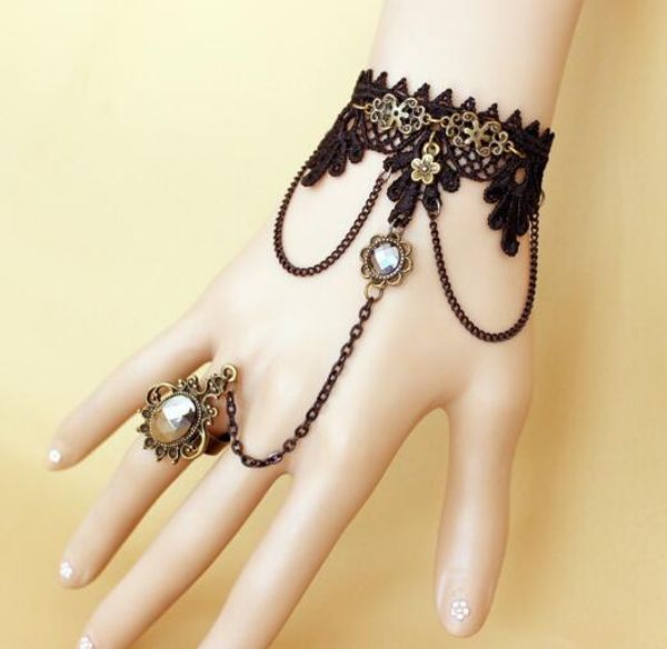 new european and american popular gothic style black lace bracelet with ring integrated chain, fashionable and elegant, Golden;silver
new european and american popular gothic style black lace bracelet with ring integrated chain, fashionable and elegant, Golden;silver