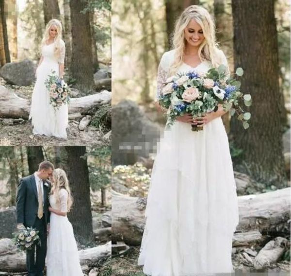 2017 western country bohemian forest wedding dresses lace chiffon modest v neck half sleeves long bridal gowns plus size dress for wedding, White
2017 western country bohemian forest wedding dresses lace chiffon modest v neck half sleeves long bridal gowns plus size dress for wedding, White