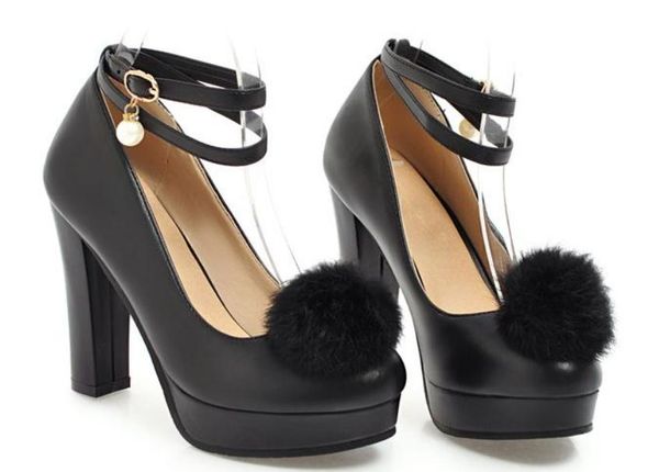 send 2018 spring and autumn single shoes waterproof table high heel coarse heel hair ball women's shoes, Black
send 2018 spring and autumn single shoes waterproof table high heel coarse heel hair ball women's shoes, Black