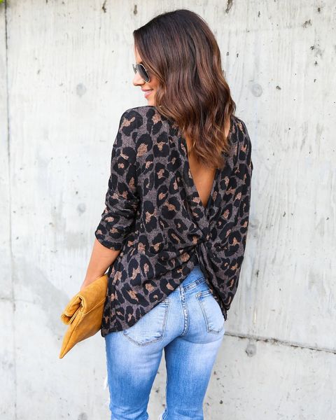 women leopard knot backless shirts long sleeve o-neck leopard tunic new design blank for monogrammed fashion pullover sweatshirts, Black
women leopard knot backless shirts long sleeve o-neck leopard tunic new design blank for monogrammed fashion pullover sweatshirts, Black