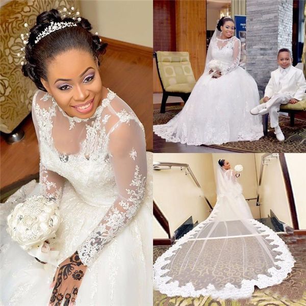 lace plus size wedding dresses ball gown sheer neckline appliques african long sleeves wedding dress sweep train bridal gowns, White
lace plus size wedding dresses ball gown sheer neckline appliques african long sleeves wedding dress sweep train bridal gowns, White