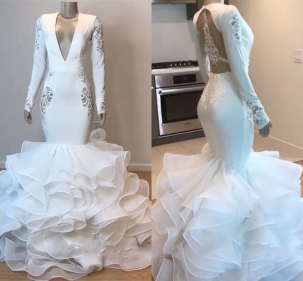 white mermaid prom dresses deep v neck long sleeves ruffles organza satin hollow backless evening gowns party dresses, Black
white mermaid prom dresses deep v neck long sleeves ruffles organza satin hollow backless evening gowns party dresses, Black